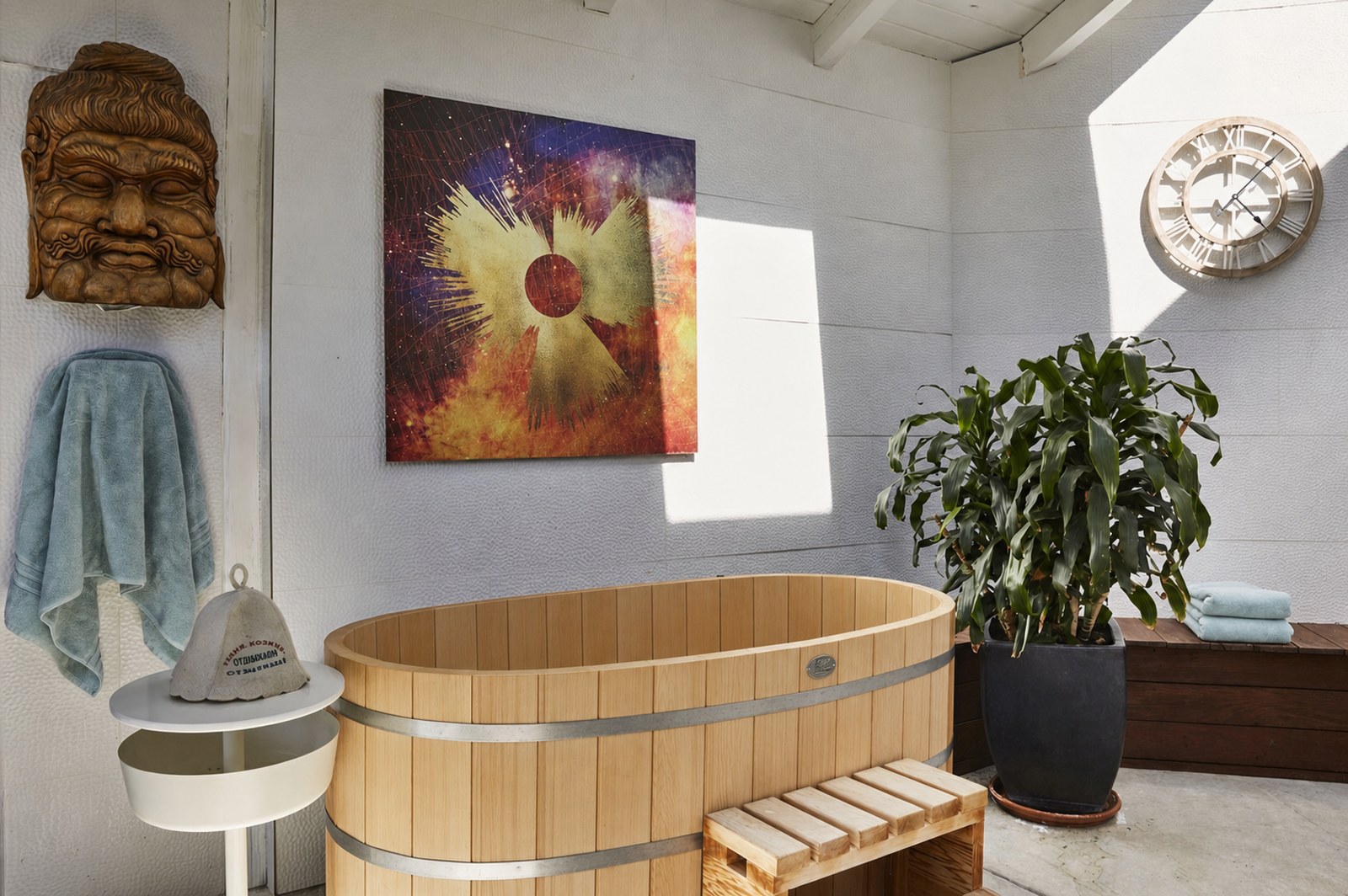 Cold plunge at ESCAPE spa — wooden cedar tub in the wellness room, sunlight on white shiplap walls
