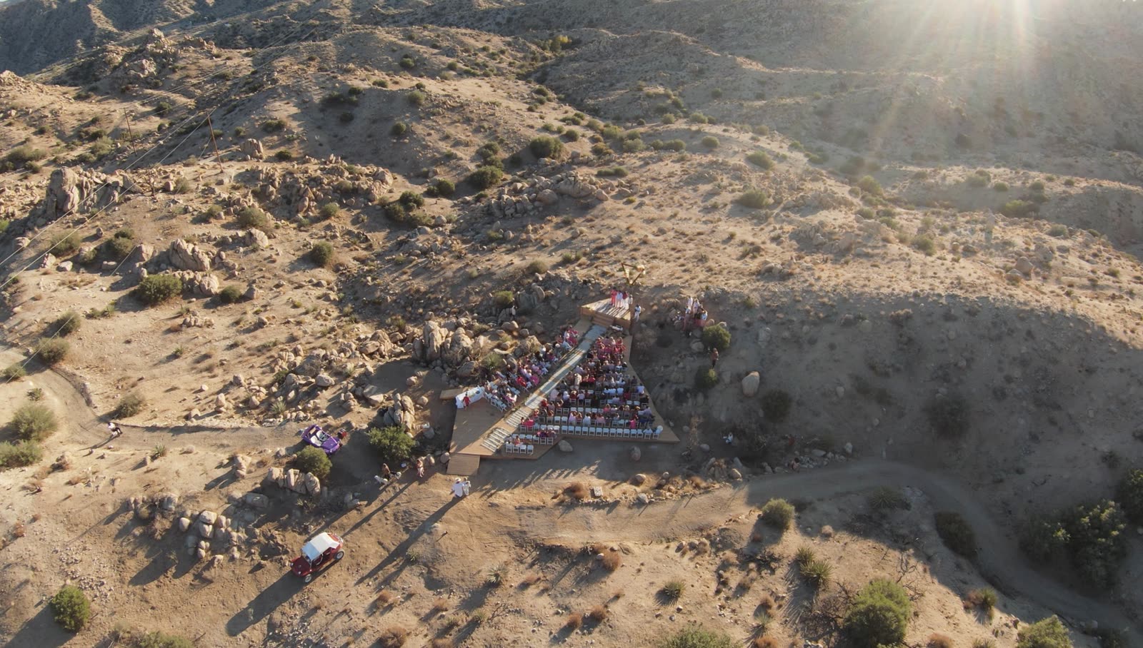 An aerial view of a small wedding at The Triangle at ESCAPE in the high desert