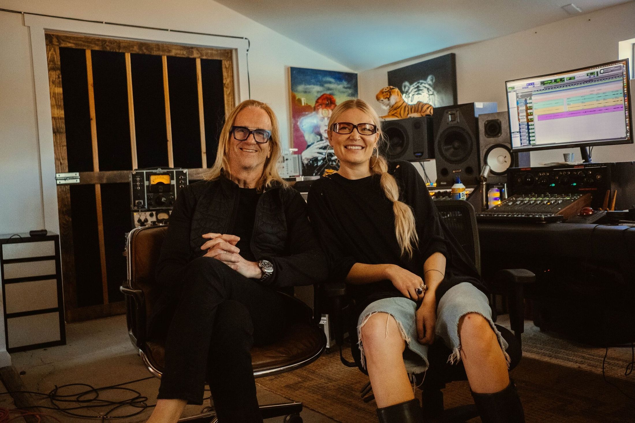 Kim Bullard and Alana Hil working in Studio Two at ESCAPE — the broadcast and monitor rehearsal room in session